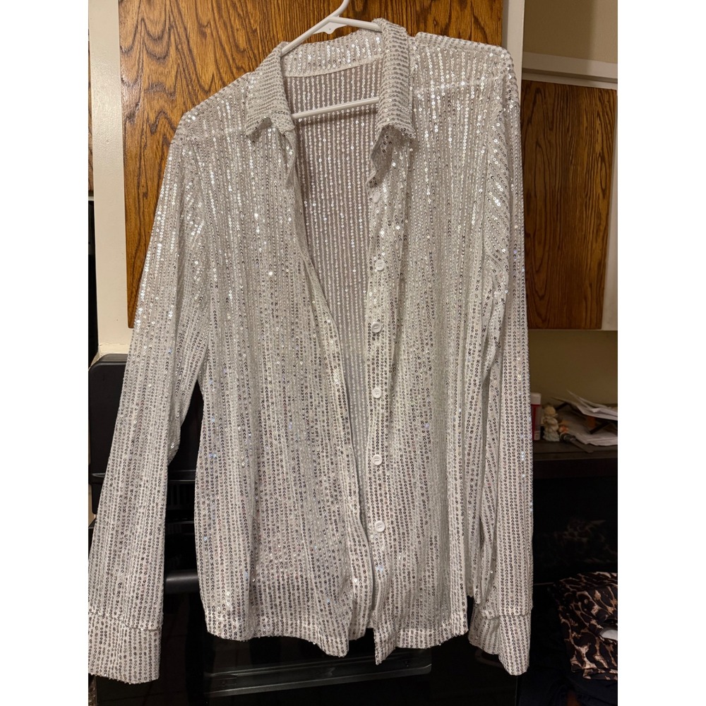 Sparkly Sequin Button Down Shirt Long‎ Sleeve Glam Night Out Top Women